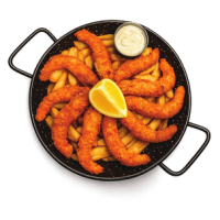 Creveți cripsy panko pe pat de cartofi SEAFOOD SNACKS la Discordia Pescobar Familly din Târgu Mureş